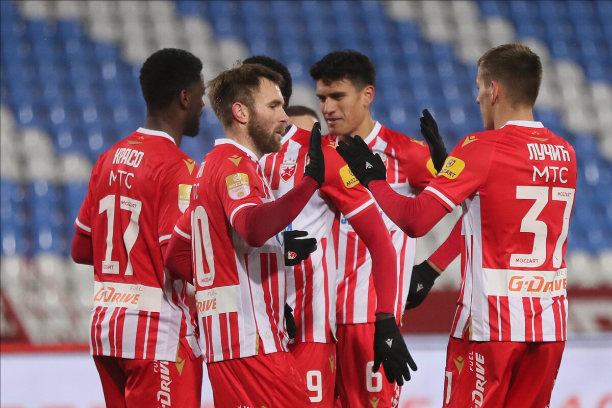 Žan-Filip Kraso, Aleksandar Katai, Šerif Endijaje, Vladimir Lučić, Marko Stamenić, fudbaler Crvene zvezde na utakmici Kupa Srbije protiv Radnickog na stadionu Rajko Mitic. Beograd, 06.12.2023. Foto: Marko Metlas Fudbal, Kup Srbije, Crvena zvezda, Radnicki