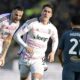 Juventus' Dusan Vlahovic, center, celebrates after scoring his side's second goal during a Serie A soccer match between Frosinone and Juventus, at Benito Stirpe Stadium, in Frosinone, Italy, Saturday, Dec. 23, 2023. (Alfredo Falcone/LaPresse via AP)