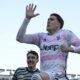 Juventus' Dusan Vlahovic, center, celebrates after scoring his side's second goal during a Serie A soccer match between Frosinone and Juventus, at Benito Stirpe Stadium, in Frosinone, Italy, Saturday, Dec. 23, 2023. (Alfredo Falcone/LaPresse via AP)