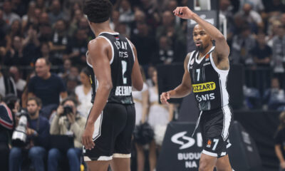 KEVIN PUNTER Kevin Panter i ZACH LEDAY Zek Ledej kosarkasi Partizana na utakmici Evrolige protiv Olimpija Armani Milano u hali Stark Beogradska arena, Beograd 07.12.2023. godine Foto: Marko Metlas Kosarka, Partizan, Evroliga, Olimpija Armani Milano