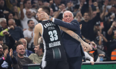 ZELIMIR OBRADOVIC ZELJKO trener, DANILO ANDJUSIC kosarkas Partizana na utakmici Evrolige protiv Olimpija Armani Milano u hali Stark Beogradska arena, Beograd 07.12.2023. godine Foto: Marko Metlas Kosarka, Partizan, Evroliga, Olimpija Armani Milano
