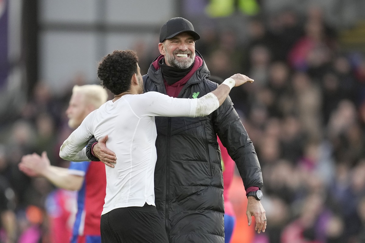 Liverpool's manager Jurgen Klopp celebrates with Liverpool's Luis Diaz, left, at the end of the Premier League soccer match between Crystal Palace and Liverpool at Selhurst Park, in London, England, Saturday, Dec. 9, 2023. (AP Photo/Kin Cheung)