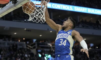 Milwaukee Bucks' Giannis Antetokounmpo dunks during the second half of an NBA basketball game against the New York Knicks Tuesday, Dec. 5, 2023, in Milwaukee. The Bucks won 146-122. (AP Photo/Morry Gash)