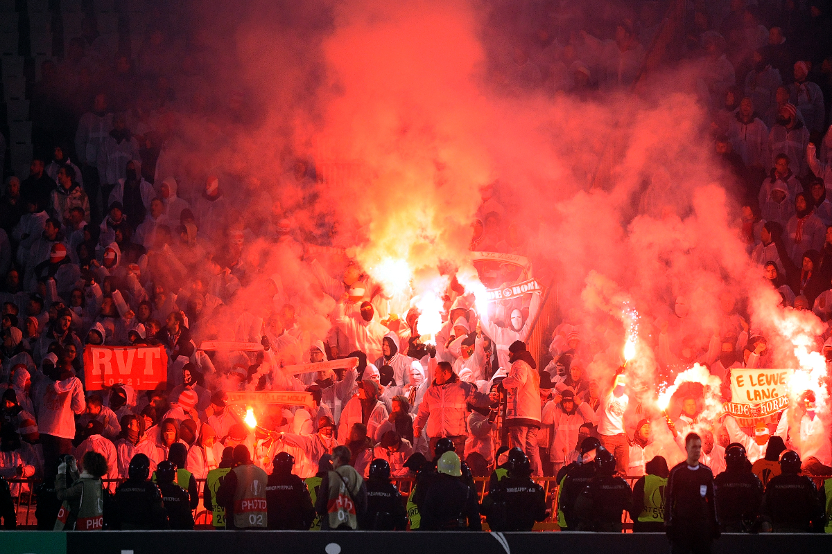 Navijaci fudbalera Kelna, na utakmici protiv Crvene zvezde, na stadionu Rajko Mitic. Beograd, 07.12.2017. foto: Nebojsa Parausic Fudbal, UEFA liga Evrope, Crvena zvezda, Keln