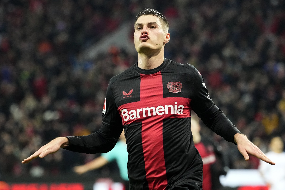 Leverkusen's Patrik Schick celebrates after scoring his sides second goal during the German Bundesliga soccer match between Bayer Leverkusen and VfL Bochum at the BayArena in Leverkusen, Germany, Wednesday, Dec. 20, 2023. (AP Photo/Martin Meissner)