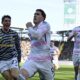 Juventus' Dusan Vlahovic, center, celebrates after scoring his side's second goal during a Serie A soccer match between Frosinone and Juventus, at Benito Stirpe Stadium, in Frosinone, Italy, Saturday, Dec. 23, 2023. (Alfredo Falcone/LaPresse via AP)
