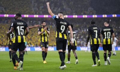 Al Ittihad's Karim Benzema celebrates after scoring his side's third goal during the Soccer Club World Cup first round soccer match between Al Ittihad and Auckland City FC at King Abdullah Sports City stadium in Jeddah, Saudi Arabia, Tuesday, Dec. 12, 2023. Al Ittihad won 3-0. (AP Photo/Manu Fernandez)