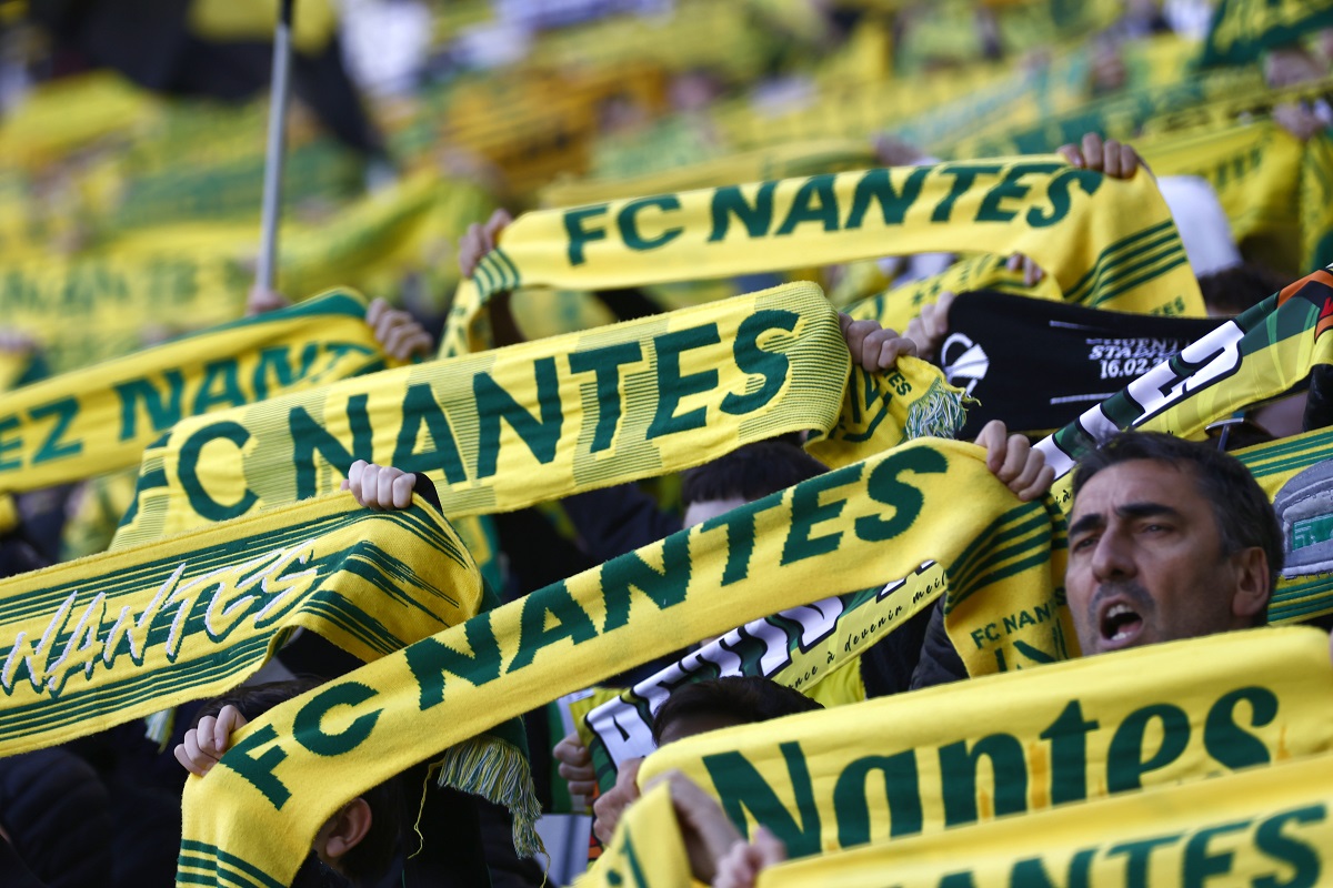 FILE - Nantes fans wait for the start of the French League One soccer match between Nantes and Reims at the Stade de la Beaujoire stadium in Nantes, France, Sunday, Nov. 5, 2023. Nantes coach Pierre Aristouy, who salvaged the eight-time French champion from relegation last season, was fired on Wednesday, Nov. 29, 2023. (AP Photo/Jeremias Gonzalez, File)
