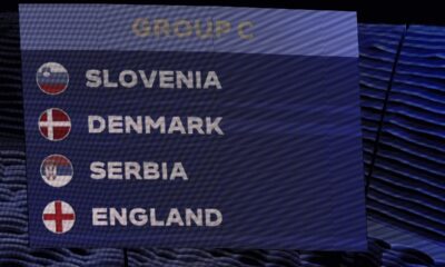 A scoreboard shows the draw of group C during the draw for the UEFA Euro 2024 soccer tournament finals in Hamburg, Germany, Saturday, Dec. 2, 2023. (AP Photo/Martin Meissner)