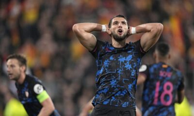 Sevilla's Rafa Mir reacts during the Champions League Group B soccer match between Lens and Sevilla at the Bollaert stadium in Lens, France, Tuesday, Dec. 12, 2023. (AP Photo/Thibault Camus)