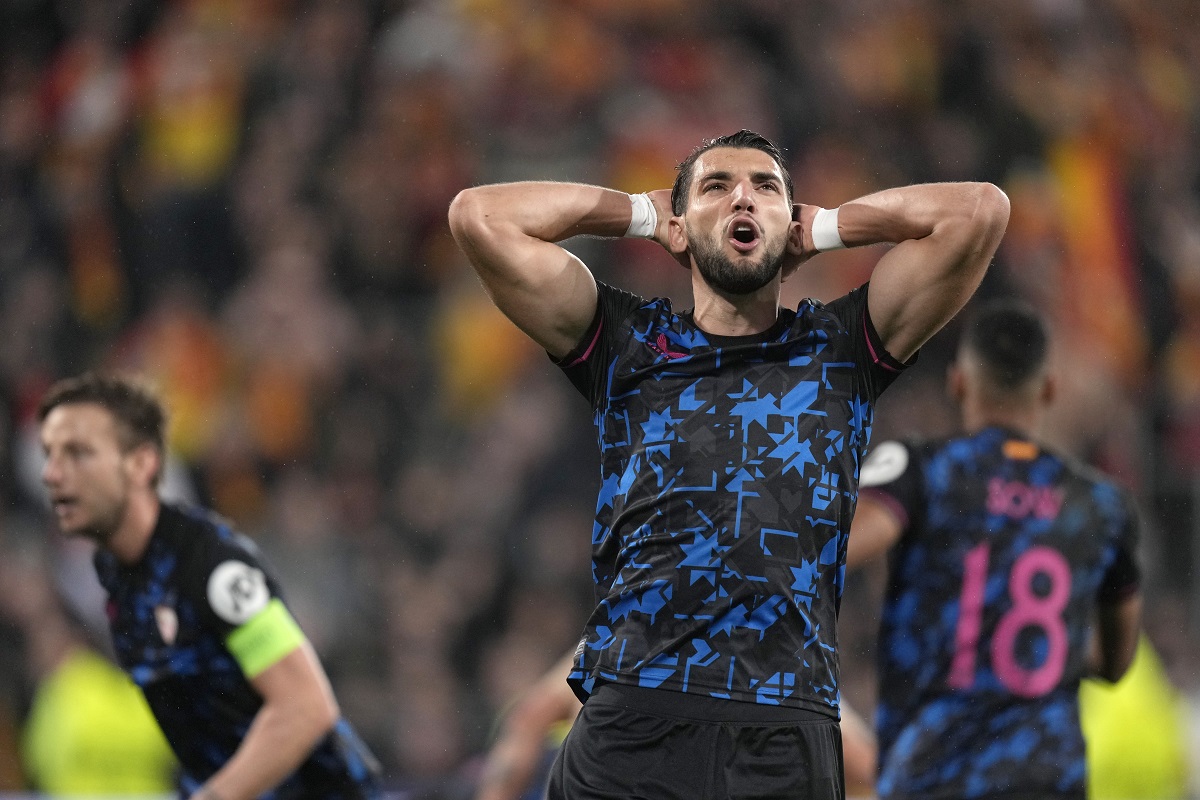 Sevilla's Rafa Mir reacts during the Champions League Group B soccer match between Lens and Sevilla at the Bollaert stadium in Lens, France, Tuesday, Dec. 12, 2023. (AP Photo/Thibault Camus)