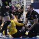Montenegro goalkeeper Marta Batinovic is injured during the IHF Women's World Championship handball match between Montenegro and Croatia at Scandinavium Arena in Gothenburg, Sweden, Thursday Dec. 7, 2023. (Bjorn Larsson/TT News Agency via AP)