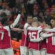 Arsenal's Kai Havertz celebrates with teammates after scoring his side's opening goal during the Champions League Group B soccer match between Arsenal and Lens, at Emirates stadium, in London, Wednesday, Nov. 29, 2023. (AP Photo/Kin Cheung)
