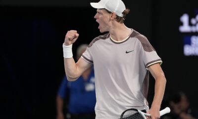 Janik Siner of Italy reacts after winning the second set against Andrey Rublev of Russia during their quarterfinal match at the Australian Open tennis championships at Melbourne Park, Melbourne, Australia, Wednesday, Jan. 24, 2024. (AP Photo/Alessandra Tarantino)