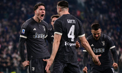 Juventus' Dusan Vlahovic celebrates scoring a goal, during the Italian Serie A soccer match between Juventus and Empoli, at the Allianz Stadium, in Turin, Italy, Saturday, Jan. 27, 2024. (Marco Alpozzi/LaPresse via AP)