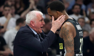 ZELIMIR OBRADOVIC ZELJKO trener i JAMES NUNNALLY Dzejms Naneli kosarkas Partizana na utakmici Evrolige protiv Reala Madrid u hali Stark Beogradska arena, Beograd 31.03.2023. godine Foto: Marko Metlas Kosarka, Partizan, Evroliga, Real Madrid
