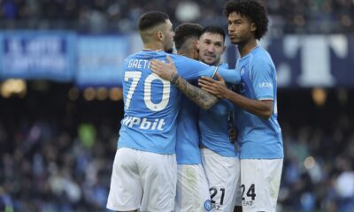 Napoli's Matteo Politano celebrates with teammates after scoring a goal, during the Italian Serie A soccer match between Napoli and Salernitana, at the Diego Armando Maradona stadium, in Naples, Italy, Saturday, Jan. 13, 2024. (Alessandro Garofalo/LaPresse via AP)