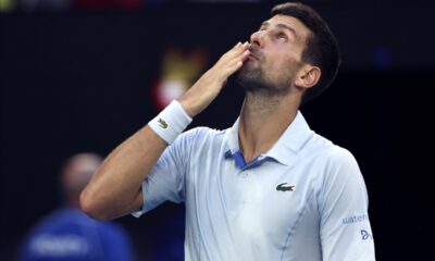 Novak Djokovic of Serbia celebrates after defeating Taylor Fritz of the U.S. in their quarterfinal match at the Australian Open tennis championships at Melbourne Park, Melbourne, Australia, Tuesday, Jan. 23, 2024. (AP Photo/Asanka Brendon Ratnayake)