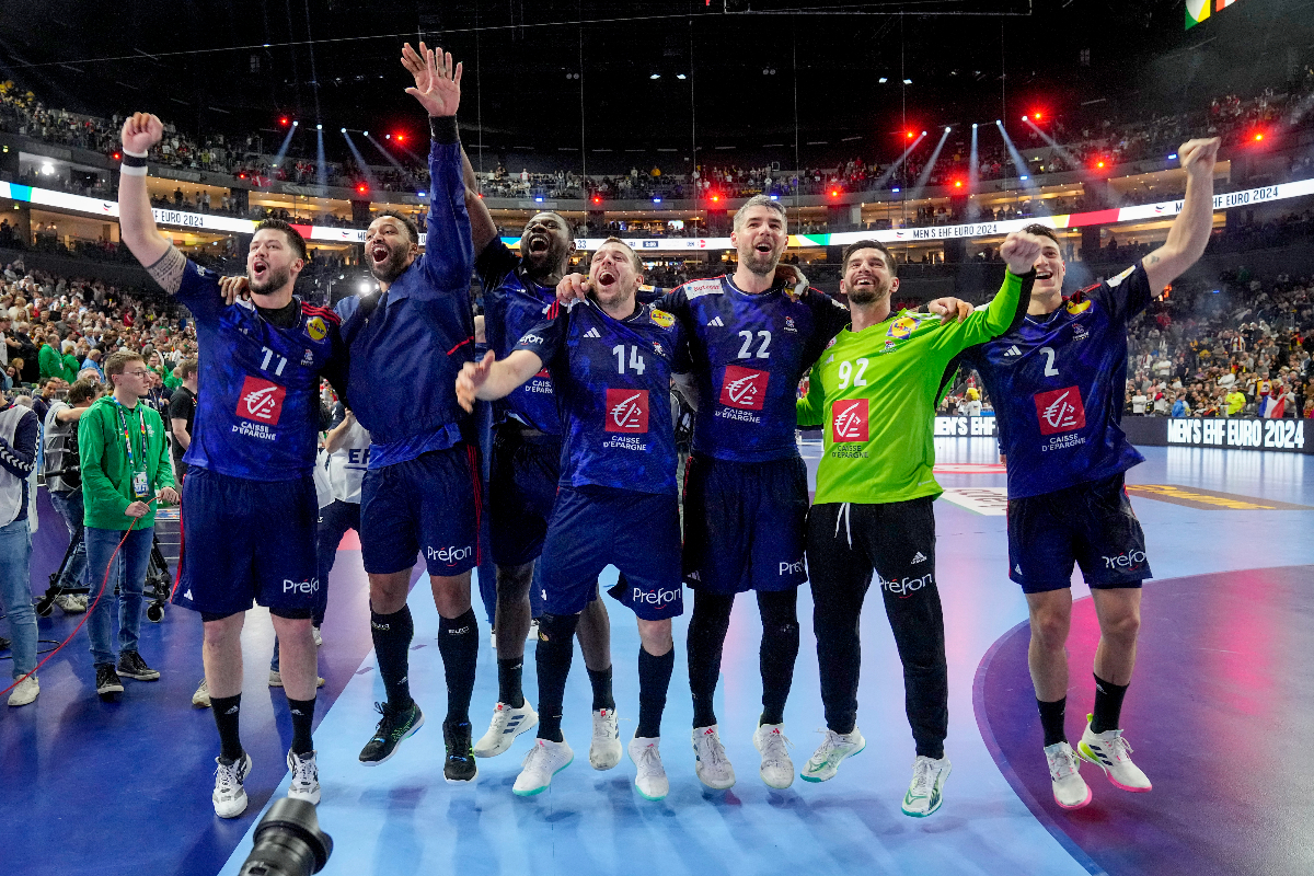 France's players celebrate after winning the Handball European Championship final match between France and Denmark in Cologne, Germany, Sunday, Jan. 28, 2024. (France's players celebrate after winning the Handball European Championship final match between France and Denmark in Cologne, Germany, Sunday, Jan. 28, 2024. (AP Photo/Martin Meissner)