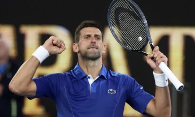 Novak Djokovic of Serbia celebrates after defeating Tomas Martin Etcheverry of Argentina in their third round match at the Australian Open tennis championships at Melbourne Park, Melbourne, Australia, Friday, Jan. 19, 2024. (AP Photo/Asanka Brendon Ratnayake)