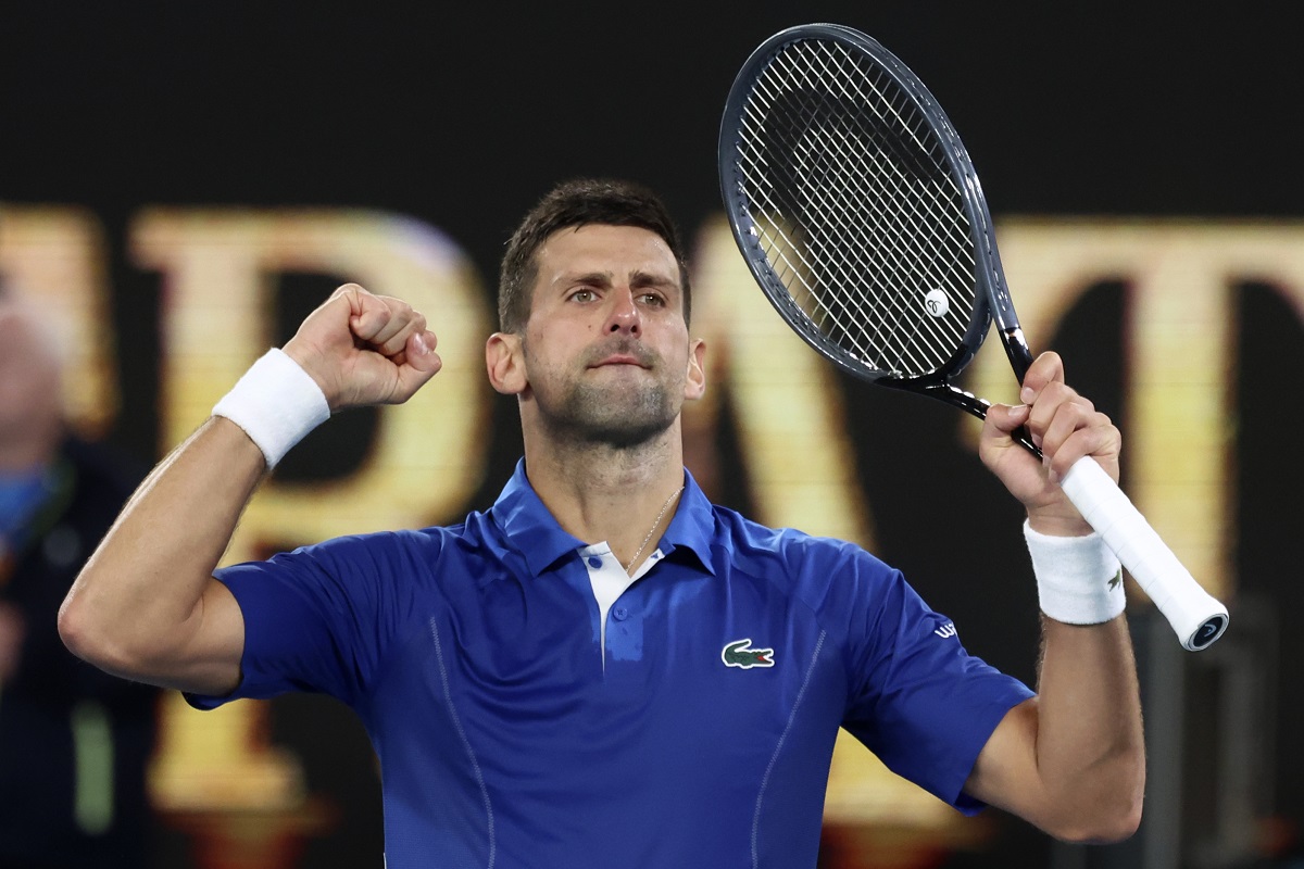 Novak Djokovic of Serbia celebrates after defeating Tomas Martin Etcheverry of Argentina in their third round match at the Australian Open tennis championships at Melbourne Park, Melbourne, Australia, Friday, Jan. 19, 2024. (AP Photo/Asanka Brendon Ratnayake)