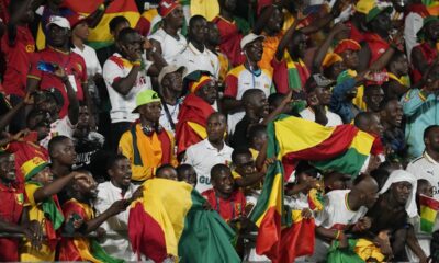 Guinea Supporters chant during the African Cup of Nations Group C soccer match between Cameroon and Guinea at the Charles Konan Banny stadium in Yamoussoukro, Ivory Coast, Monday, Jan. 15, 2024. (AP Photo/Sunday Alamba)
