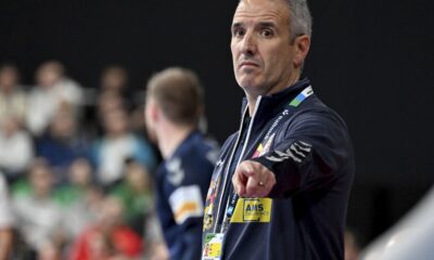 Serbia's coach Antonio Gerona Salaet gives instructions, during the European Handball Championship preliminary round, Group C match between Serbia and Hungary, in Munich, Germany, Sunday, Jan. 14, 2024. (Peter Kneffel/dpa via AP)