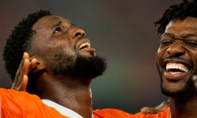 Ivory Coast's Jean-Philippe Krasso, left, celebrates with teammate after scoring his team second goal during the African Cup of Nations Group A soccer match between Ivory Coast and Guinea-Bissau in Abidjan, Ivory Coast, Saturday, Jan. 13, 2024. (AP Photo/Sunday Alamba)