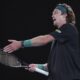Andrey Rublev of Russia reacts after losing a point to Jannik Sinner of Italy during their quarterfinal match at the Australian Open tennis championships at Melbourne Park, Melbourne, Australia, Wednesday, Jan. 24, 2024. (AP Photo/Andy Wong)