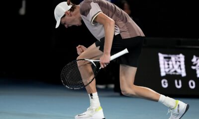 Jannik Sinner of Italy reacts after winning the second set against Andrey Rublev of Russia during their quarterfinal match at the Australian Open tennis championships at Melbourne Park, Melbourne, Australia, Wednesday, Jan. 24, 2024. (AP Photo/Alessandra Tarantino)