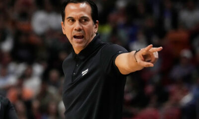 Miami Heat head coach Erik Spoelstra gestures during the first half of an NBA basketball game against the Oklahoma City Thunder, Wednesday, Jan. 10, 2024, in Miami. (AP Photo/Marta Lavandier)