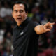 Miami Heat head coach Erik Spoelstra gestures during the first half of an NBA basketball game against the Oklahoma City Thunder, Wednesday, Jan. 10, 2024, in Miami. (AP Photo/Marta Lavandier)