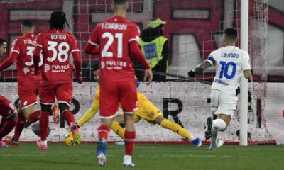 Inter's Lautaro Martinez, right, in action during the Italian Serie A soccer match between Monza and Inter at U-Power Stadium in Monza, Italy, Saturday Jan. 13, 2024. (Claudio Grassi/LaPresse via AP)