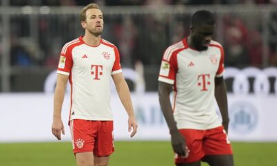 Bayern's Harry Kane reacts after full time of the German Bundesliga soccer match between Bayern Munich and Werder Bremen at the Allianz Arena stadium in Munich, Germany, Sunday, Jan. 21, 2024. Bremen won 1-0. (AP Photo/Matthias Schrader)