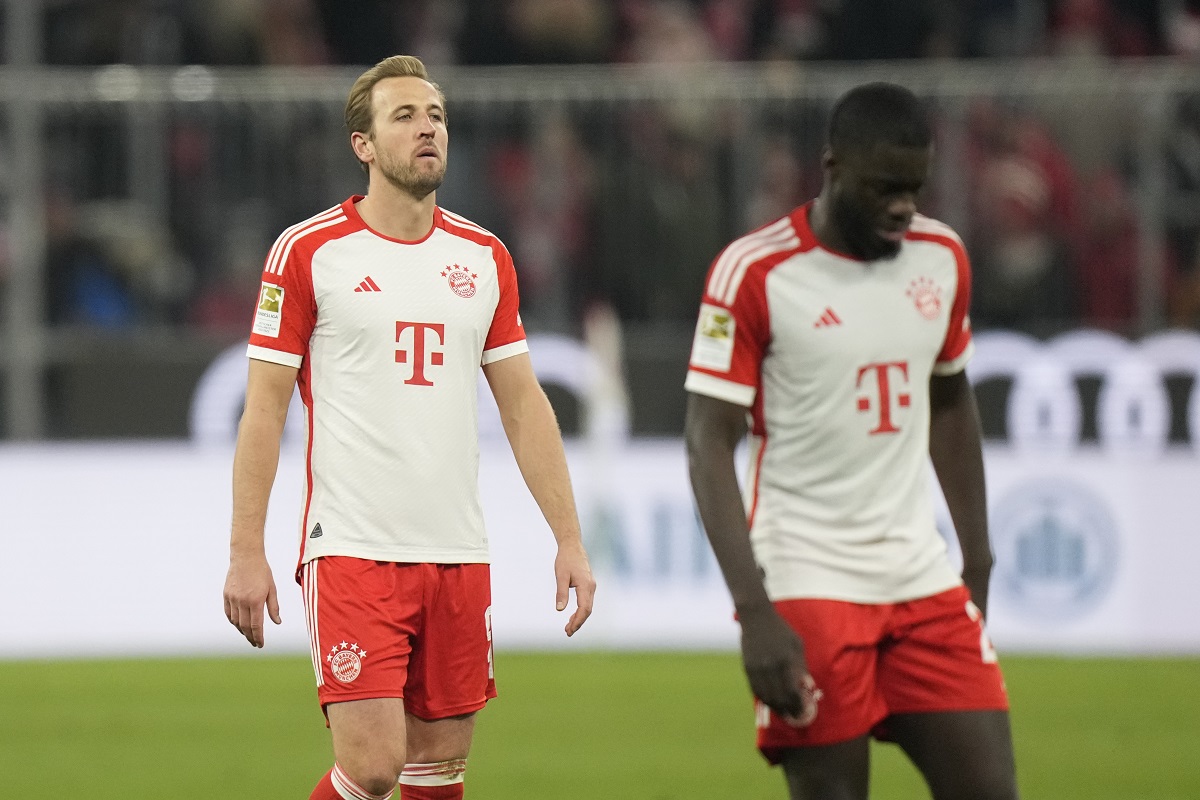 Bayern's Harry Kane reacts after full time of the German Bundesliga soccer match between Bayern Munich and Werder Bremen at the Allianz Arena stadium in Munich, Germany, Sunday, Jan. 21, 2024. Bremen won 1-0. (AP Photo/Matthias Schrader)