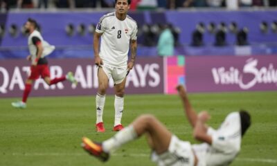 Iraq's Ibrahim Bayesh Al-Kaabawi is dejected at full time of the Asian Cup Round of 16 soccer match between Iraq and Jordan, at Khalifa International Stadium in Doha, Qatar, Monday, Jan. 29, 2024. Jordan won 3-2. (AP Photo/Thanassis Stavrakis)