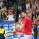 Novak Djokovic of Serbia celebrates his win over Zhizhen Zhang of China during the United Cup tennis tournament in Perth, Australia, Sunday, Dec. 31, 2023. (AP Photo/Trevor Collens)