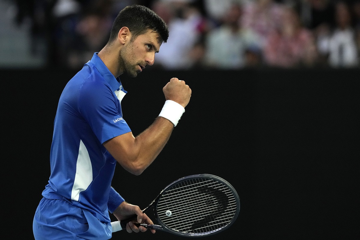 Serbia's Novak Djokovic reacts during his first round match against Croatia's Dino Prizmic at the Australian Open tennis championships at Melbourne Park, Melbourne, Australia, Sunday, Jan. 14, 2024. (AP Photo/Andy Wong)