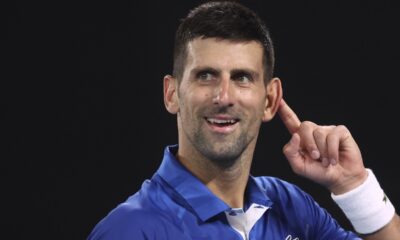 Novak Djokovic of Serbia gestures to the crowd during his third round match against Tomas Martin Etcheverry of Argentina at the Australian Open tennis championships at Melbourne Park, Melbourne, Australia, Friday, Jan. 19, 2024. (AP Photo/Asanka Brendon Ratnayake)