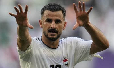 Iraq's Aymen Hussein celebrates after scoring his side's second goal during the Asian Cup Group C soccer match between Iraq and Japan at the Education City Stadium in Al Rayyan, Qatar, Friday, Jan. 19, 2024. (AP Photo/Aijaz Rahi)