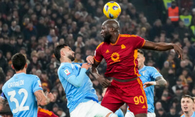 Roma's Romelu Lukaku hits a header during the quarterfinal Italian Cup soccer match between Lazio and Roma at Rome's Olympic Stadium, Wednesday, Jan. 10, 2024. (AP Photo/Gregorio Borgia)