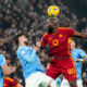 Roma's Romelu Lukaku hits a header during the quarterfinal Italian Cup soccer match between Lazio and Roma at Rome's Olympic Stadium, Wednesday, Jan. 10, 2024. (AP Photo/Gregorio Borgia)