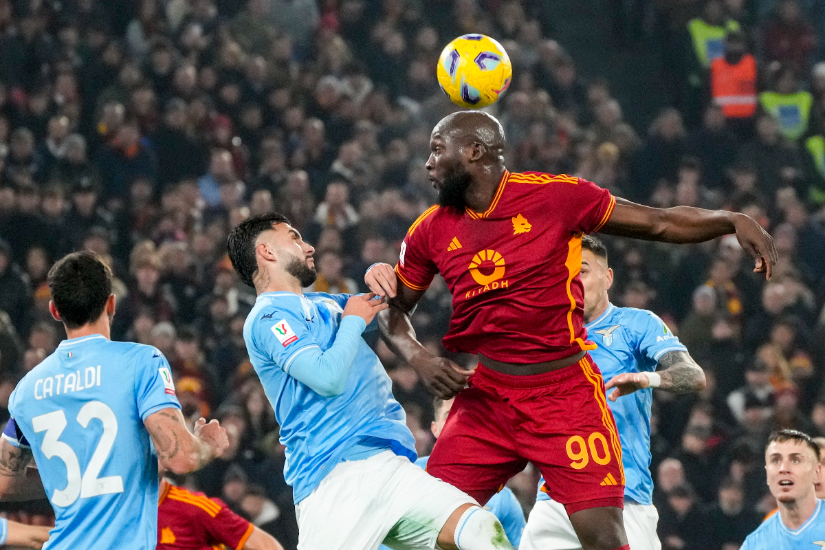 Roma's Romelu Lukaku hits a header during the quarterfinal Italian Cup soccer match between Lazio and Roma at Rome's Olympic Stadium, Wednesday, Jan. 10, 2024. (AP Photo/Gregorio Borgia)