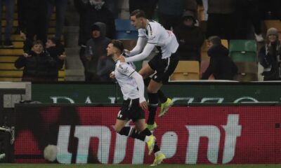 Udinese's Lazar Samardzic, left, celebrates scoring during the Serie A soccer match between Udinese and Milan in Udine, Italy, Saturday Jan. 20, 2024. (Andrea Bressanutti/LaPresse via AP)