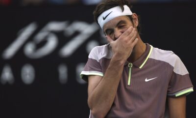 Taylor Fritz of the U.S. reacts during his quarterfinal against Novak Djokovic of Serbia at the Australian Open tennis championships at Melbourne Park, Melbourne, Australia, Tuesday, Jan. 23, 2024. (AP Photo/Asanka Brendon Ratnayake)