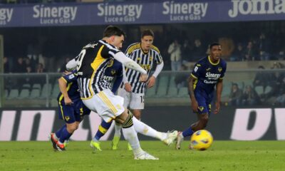 Juventus' Dusan Vlahovic scores his side's opening goal during the Serie A soccer match between Hellas Verona and Juventus, at the Marcantonio Bentegodi Stadium in Verona, Italy, Saturday, Feb. 17, 2024. (Paola Garbuio/LaPresse via AP)