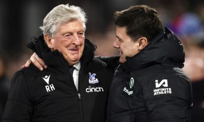 Crystal Palace manager Roy Hodgson, left and Chelsea manager Mauricio Pochettino gesture ahead of the English Premier League soccer match between Crystal Palace and Chelsea,at Selhurst Park, in London, Monday, Feb. 12, 2024. (John Walton/PA via AP)