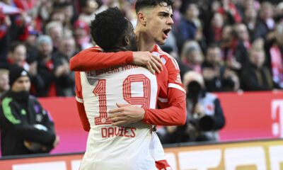 Bayern Munich's Aleksandar Pavlovic celebrates scoring his side's opening goal during the German Bundesliga soccer match between Bayern Munich and Borussia Moenchengladbach, at the Allianz Arena in Munich, Germany, Saturday, Feb. 3, 2024. (Angelika Warmuth/dpa via AP)