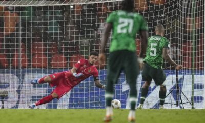 Nigeria's William Troost-Ekong, scores his side's first goal from the penalty spot during the African Cup of Nations semifinal soccer match between Nigeria and South Africa, at the Peace of Bouake stadium in Bouake Bouake, Ivory Coast, Wednesday, Feb. 7, 2024. (AP Photo/Themba Hadebe)