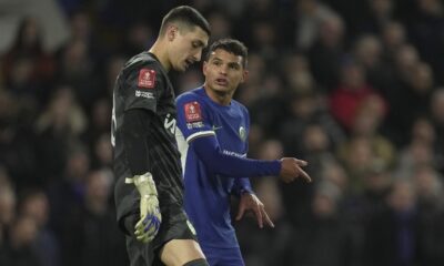 Chelsea's Thiago Silva, right, speaks with his goalkeeper Djordje Petrovic during the English FA Cup fourth round soccer match between Chelsea and Aston Villa at the Stamford Bridge stadium in London, Friday, Jan. 26, 2024. (AP Photo/Kin Cheung)